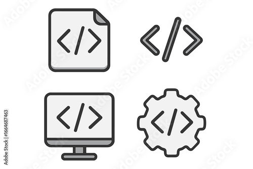 Code icon set for web development. HTML programming signs and software coding symbols. Vector elements for developer, API, script, program and computer technology design.