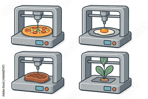 Innovative food 3D printer technology icons. Future of food concept showing automated gastronomy printing pizza, egg, synthetic lab-grown meat, and plants. Vector set.