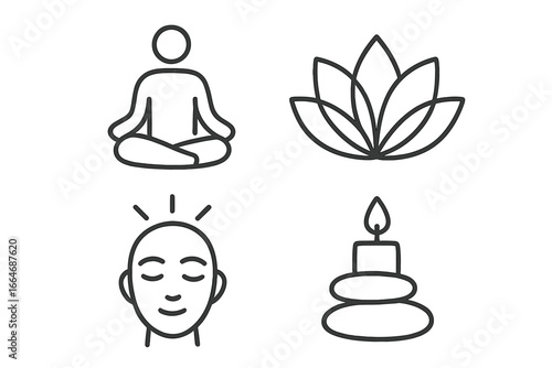 Meditation and wellness outline icons. Person in lotus yoga pose. Calm face for mindfulness. Zen candle on stones and lotus flower symbols. Spa relaxation peace harmony concept.