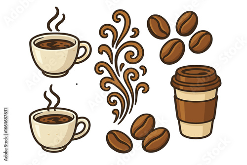 Coffee cup and beans vector icon set. Cartoon illustration of a hot drink mug, a takeaway paper cup, and roasted beans. For cafe menu branding or coffee shop design elements.