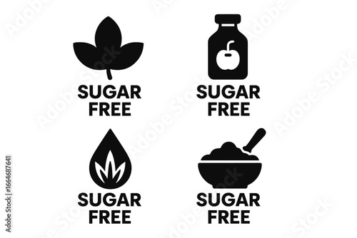 Sugar free vector icon set. Solid glyphs for diet product packaging. No added sugar badge. Stevia leaf, apple juice, agave drop, healthy food symbols. Healthy lifestyle.
