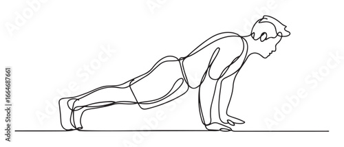 Single one line drawing Man doing push up. Fitness activity concept. Continuous line draw design graphic vector illustration. Vector black silhouette. with white background
