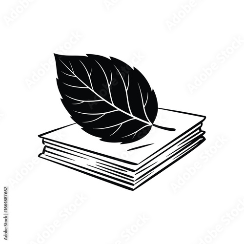 Leaf on Pages A Black and White Illustration of Nature's Touch on Literature