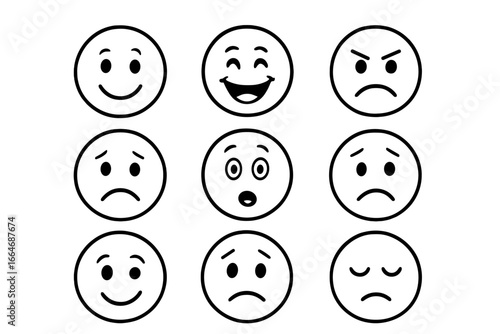 Set of simple smiley face icons. Emoticons with different emotions. Happy, sad, angry, surprised face. Mood expression vector illustration. Black and white outline cartoon.