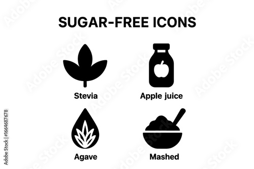 Sugar-free icons collection. Natural sweeteners like stevia leaf and agave syrup. Healthy food options, apple juice, fruit puree. Solid glyph vector set for diet products.