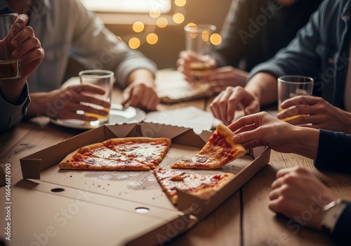 Casual Gatherings with Friends Enjoying Pizza and Drinks at a Cozy Table
