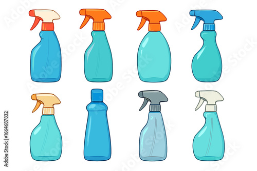 Vector set of plastic spray bottles for cleaning products. Collection of cartoon household chemical containers. Disinfectant sprayer mockup for hygiene and sanitation concept.