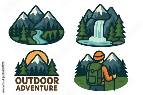 Set of outdoor adventure and hiking emblems. Mountain travel logo collection with hiker, waterfall and forest. Nature exploration badges for camping and trekking vector icons.