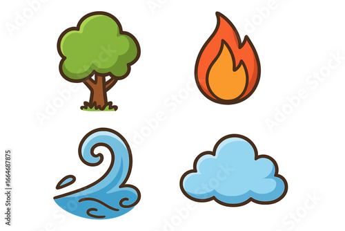 Four elements of nature icon set. Earth, air, fire, and water symbols. Cute cartoon vector illustration with a tree, cloud, flame, and wave for design. Simple flat icons.