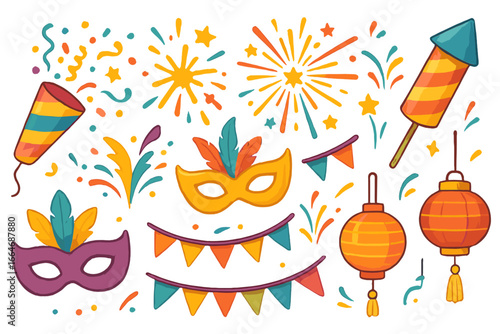Set of colorful carnival and festival elements. Vector cartoon illustration of party popper, fireworks, festive mask, garland and lanterns. Celebration design icons.