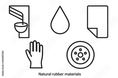 Natural rubber production icon set. Outline vector icons of rubber tree tapping, latex sap drop, processed rubber sheet, protective glove, and car tire manufacturing.