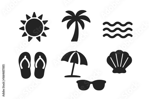 Summer icon set vector. Solid glyph silhouette icons for beach vacation. Sun, palm tree, ocean wave, flip flops, sunglasses, seashell, travel symbols. Holiday graphic elements.