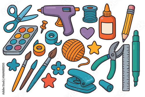 Craft supplies vector set for DIY projects. Art and craft tools collection for handmade hobby. Cartoon icons with scissors, paint, glue gun, brush, pencil, and ruler.
