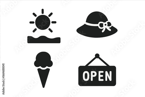 Summer icons set. Solid glyph collection for vacation, holiday, travel. Sun, beach, sunhat, ice cream cone, open sign. Weather, season, food, shopping symbols.