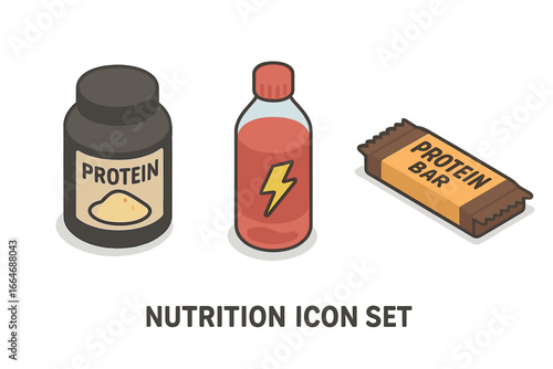 Nutrition icon set. Isometric flat icons of sport supplements like protein powder jar, pre-workout energy drink, and protein bar. Vector illustration for gym & fitness.