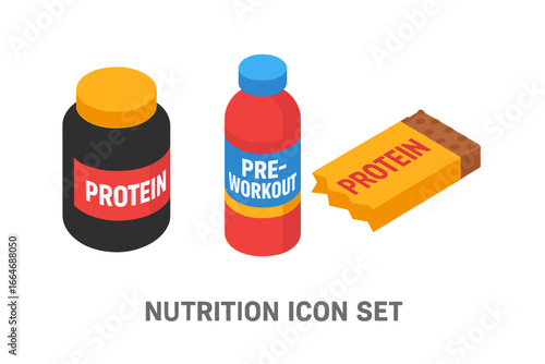 Nutrition icon set isometric. Sport supplements for fitness. Protein powder jar, pre-workout drink, energy bar. Bodybuilding concept. Gym health food. Muscle gain. Vector.