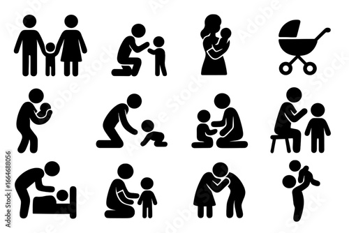 Parenting and family silhouette icon set. Childcare and baby care vector pictograms. Mother, father, child relationship concepts. Hug, play, and nurturing family moments.