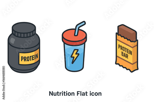 Isometric nutrition icon set for fitness and bodybuilding. Vector graphics of sport supplements like protein powder, pre-workout energy drink, and a healthy snack protein bar.