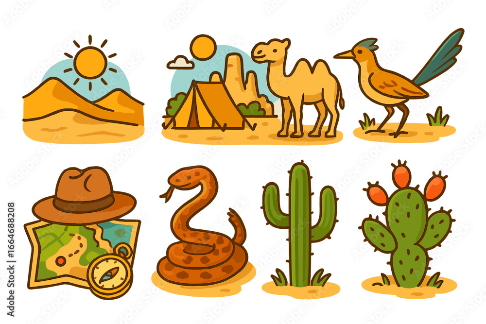 Obraz premium Desert adventure icon set. Vector cartoon collection for travel and exploration. Wildlife and nature concepts. Features camel, snake, roadrunner, saguaro cactus, map, compass.