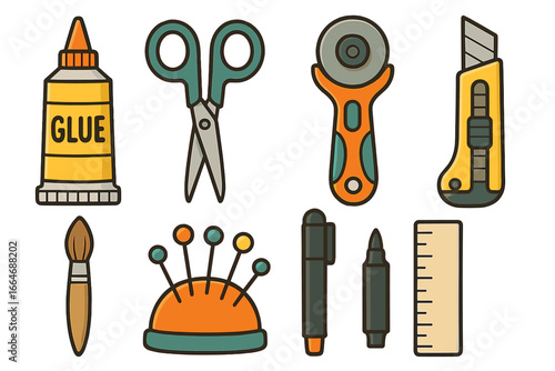 Creative craft tools and art supply icon collection. Vector set with glue, scissors, rotary cutter, utility knife, ruler, brush, pen, and pincushion for DIY and handmade hobbies.