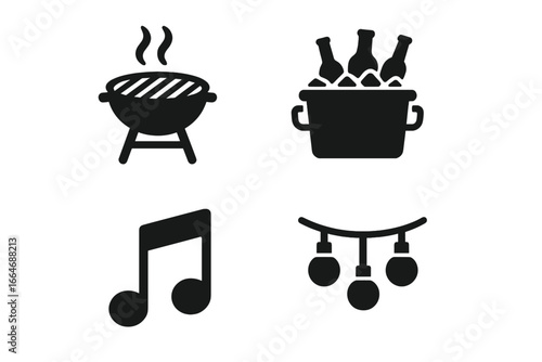 Summer party icon set. BBQ grill, food, beer cooler, music, string lights pictogram. Barbecue, garden party, outdoor celebration. Vector silhouette symbol collection. Isolated.