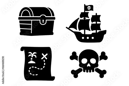 Pirate adventure silhouette icon set. Treasure chest, ship, map, and skull graphic collection. Vector cartoon illustration. Marine corsair symbols, sea hunt, jolly roger.