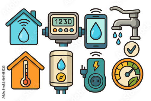 Smart home icon set for utility management. Vector icons for water consumption, energy saving, electricity and heating control. Smart meter, house automation technology.