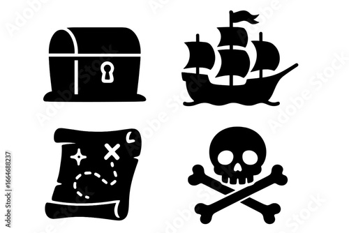 Pirate adventure silhouette icon set. Vector graphic collection with treasure chest, sailing ship, old map, and skull crossbones. Sea piracy, jolly roger, and marine exploration.