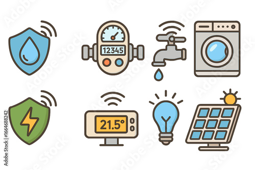 Smart home icons set for water management and energy efficiency. Vector cartoon illustrations of meter, faucet, solar panel, thermostat and modern living automation devices.