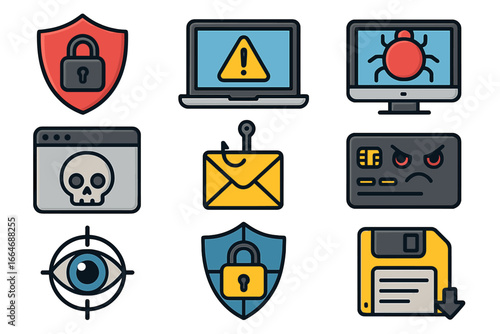 Cybersecurity icon set. Vector icons of online threats and internet protection. Symbols for virus, malware, phishing, hacker attack, credit card fraud and data security.