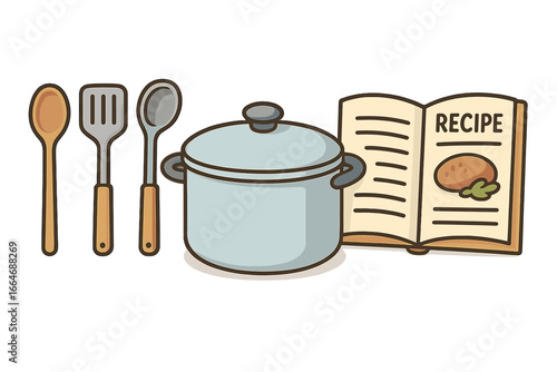 Home cooking concept vector illustration. Kitchenware set with pot, recipe book, spoon, spatula, ladle. Culinary meal preparation, food gastronomy, lifestyle hobby cartoon.