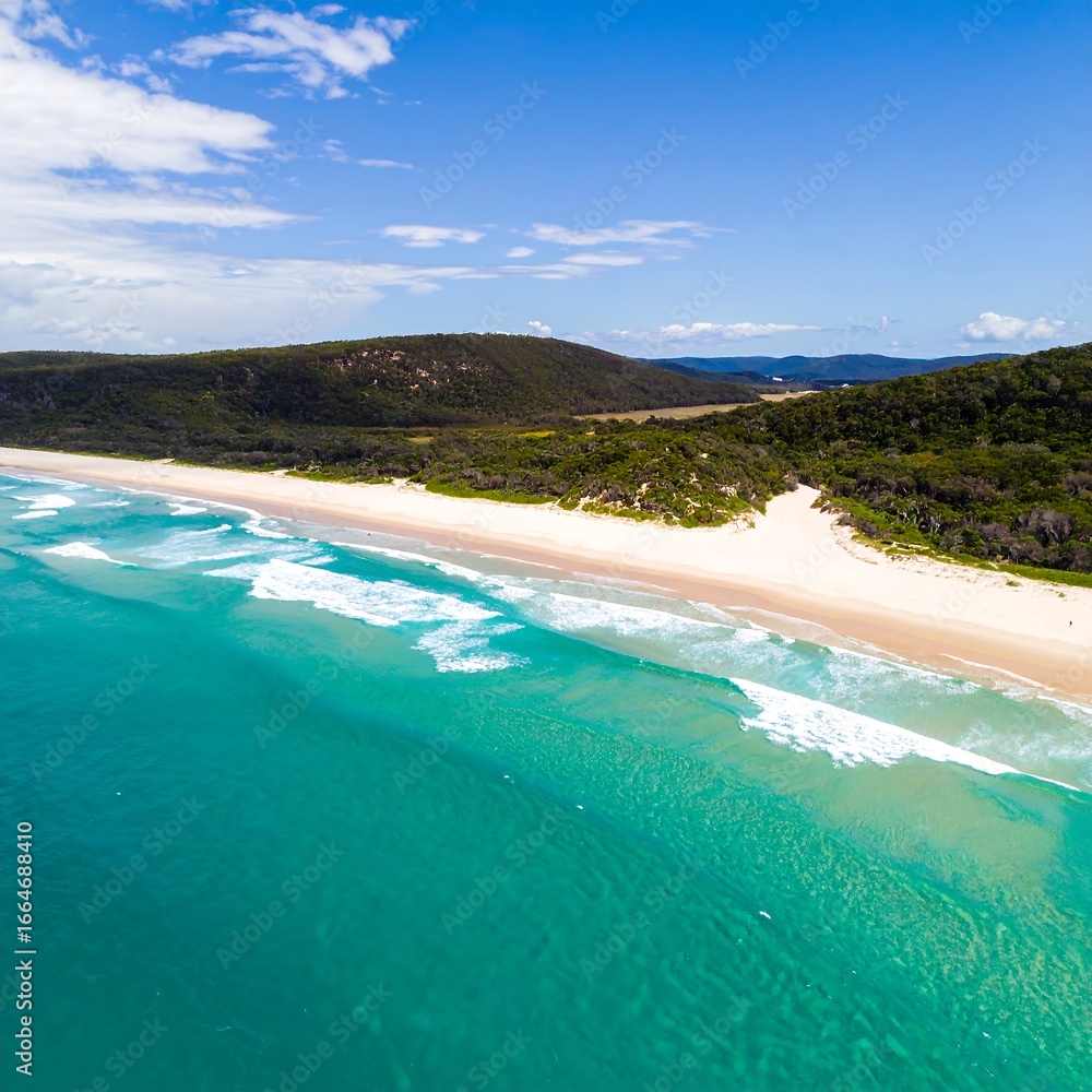 Obraz premium Aerial view of a pristine beach with turquoise water and lush green hills