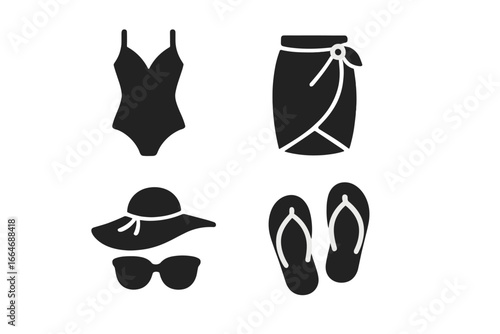 Summer spa party icons, solid filled vector set with swimsuit, sarong, wide brim hat, sunglasses, flip flops, beachwear essentials, vacation accessories illustration