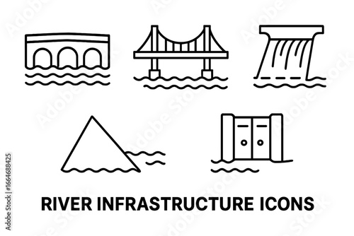 River Infrastructure Icons Outline Set Featuring Stone Bridge, Suspension Bridge, Dam, Levee, and Canal Lock Vector Illustration for Engineering and Water Management