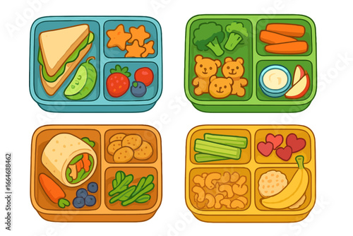 Kids lunch box set with healthy school meals. Bento box meal prep ideas with sandwich, fruits, vegetables, snacks. Balanced nutrition concept. Cute food vector cartoon.