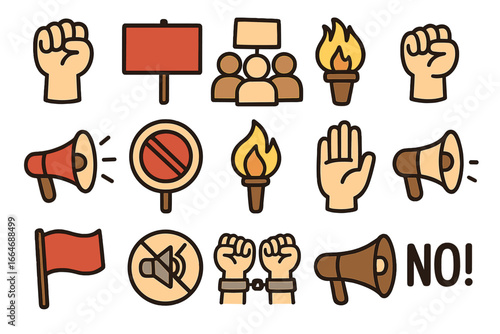 Protest and activism icon set. Demonstration, revolution, and social movement symbols. Vector collection of cartoon icons like fist, megaphone, and placard for human rights.