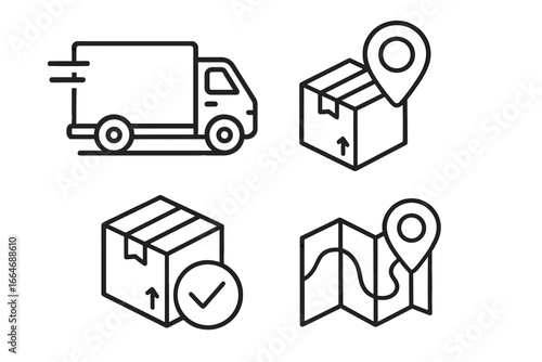 Delivery and logistics icon set for shipping and tracking. Outline style vector cartoon illustration. Includes fast truck, package location pin, order confirmed and map.