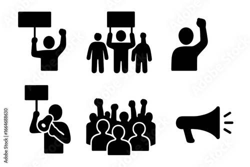 Protest and activism silhouette icon set. Vector symbols for demonstration, rally, or social movement. People with signs, crowd with fists up, and megaphone illustrations.