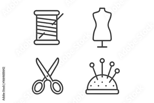 Sewing and tailoring icons set with spool of thread, dress form mannequin, scissors, and pin cushion. Outline linear craft tools and fashion design symbols. Vector illustration.