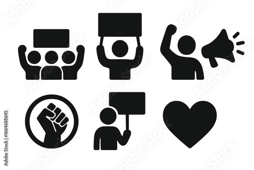 Vector icon set for protest and activism. Silhouettes of demonstrators, crowd with banner, megaphone, and raised fist. Social justice, revolution, and equality symbols.