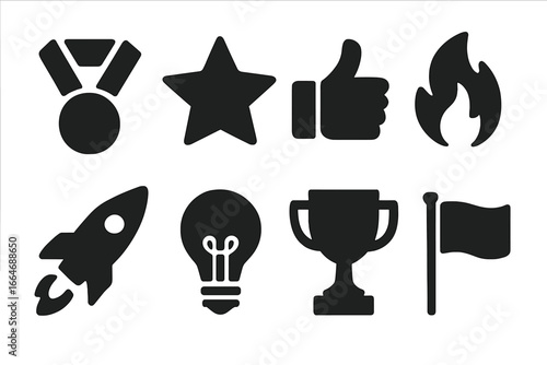 Team Motivation Icons, Solid Filled Vector Set with Medal, Star, Thumbs Up, Fire, Rocket, Light Bulb, Trophy, Flag Symbols for Business Success and Achievement