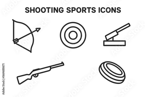 Shooting Sports Icons Outline Vector Set including Bow and Arrow, Target Bullseye, Skeet Launcher, Air Rifle, and Clay Pigeon for Outdoor and Competitive Shooting