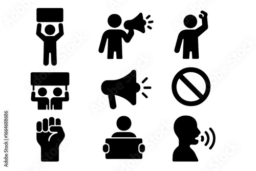 Protest and activism solid icon set. Collection of glyphs for advocacy, demonstration, and awareness. Vector icons of protestors with megaphone, banner, and raised fist.