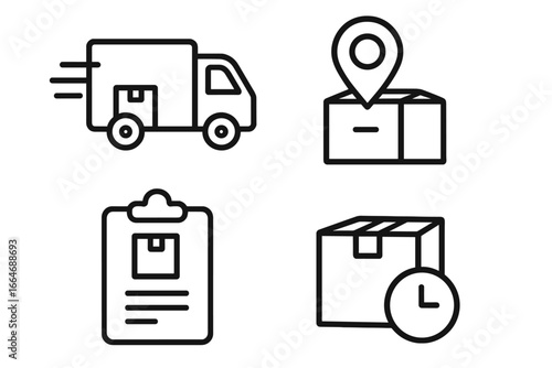 Logistics and delivery service icon set. Shipping, transportation, order tracking vector icons. Fast cargo truck, package location pin, delivery time, and freight checklist.
