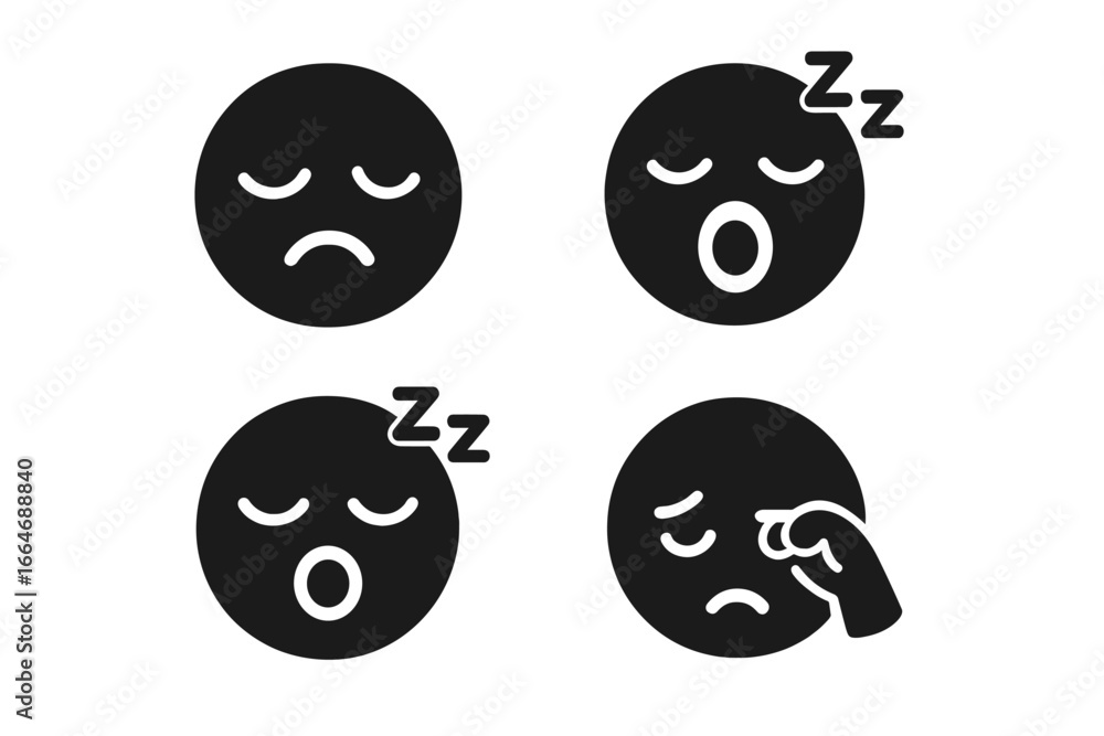 Fototapeta premium Sleepy face icons set with solid filled design, funny expressions including yawning, snoring, droopy eyes, eye rubbing, tired emotions, vector illustration on transparent background