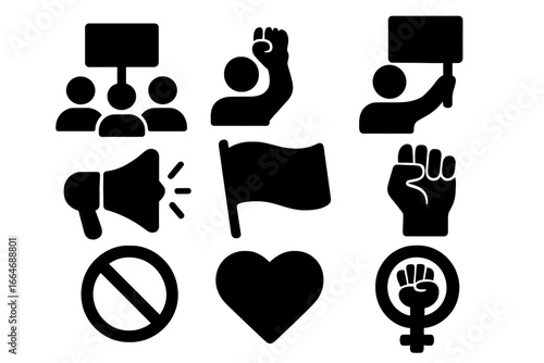Protest and activism solid icon set. Symbols for demonstration, social justice, human rights, freedom, and equality. Includes raised fist, feminist symbol, and megaphone.