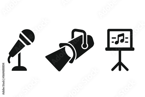 Solid Filled Singing Performance Icons Set, Stage Microphone, Spotlight, and Music Stand Vector Illustration, Music and Theater Elements for Entertainment Design