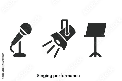 Solid filled vector icon set for singing performance with microphone, stage spotlight, music stand, and performance elements on transparent background
