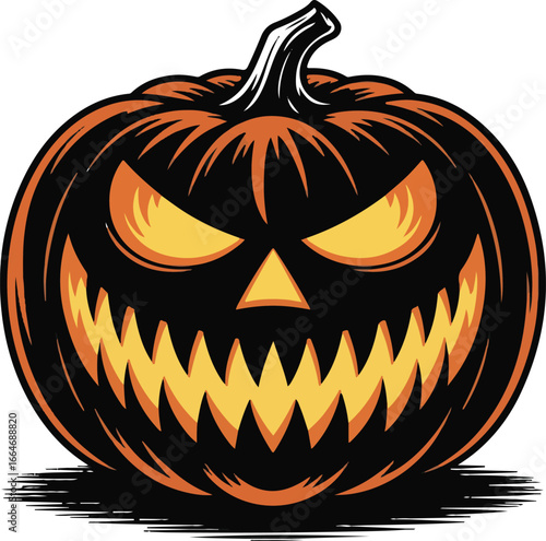 Spooky jack o lantern halloween pumpkin with glowing eyes and jagged teeth isolated on transparent background