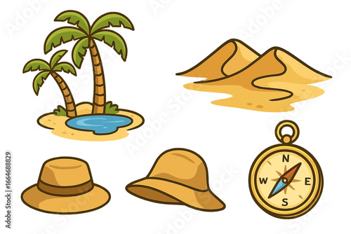 Desert adventure icon set. Oasis with palm trees, sand dunes, safari hat, and compass for exploration. Vector travel and survival symbols. Cartoon nature exploration elements.
